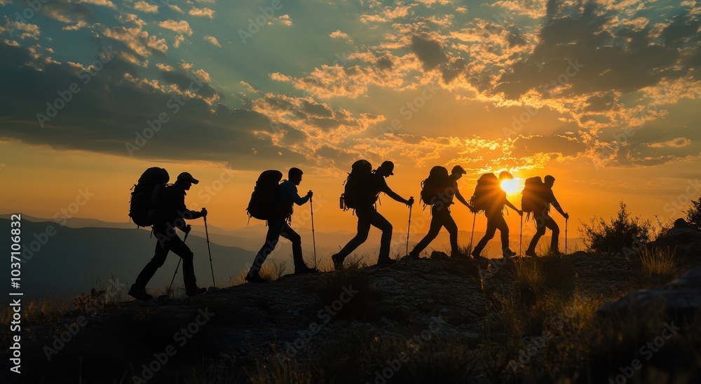 A silhouette of people hiking up the mountain at sunset, with clouds in the sky. The sun is setting behind them and there's an atmosphere of adventure and freedom. A silhouette of people hiking up the mountain at sunset, with clouds in the sky. The sun is setting behind them and there's an atmosphere of adventure and freedom.