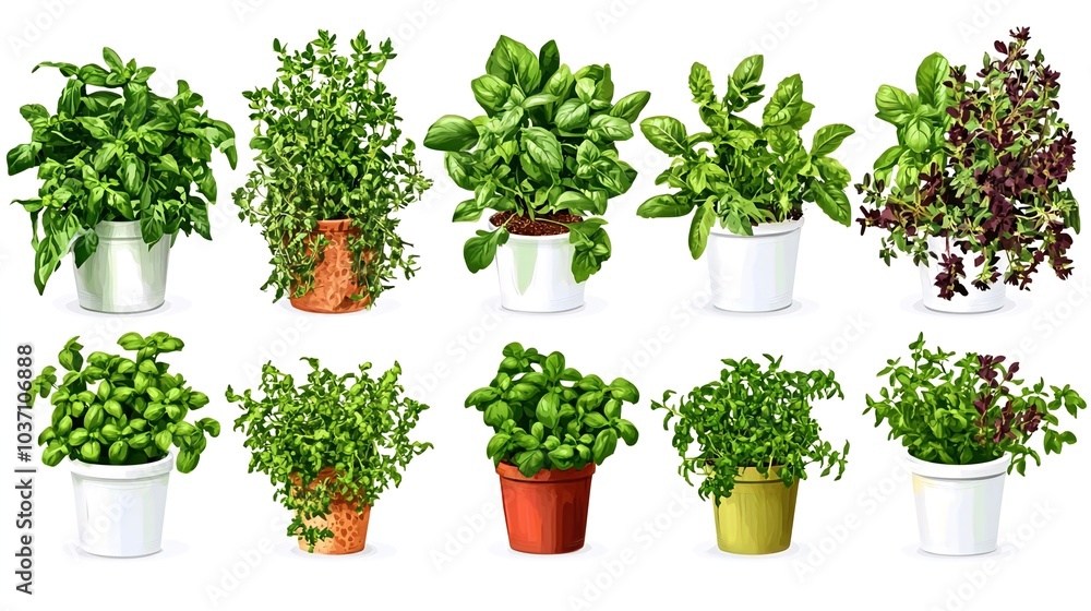 Set of potted herbs including basil, thyme and sage, isolated on white background. Set of potted herbs including basil, thyme and sage, isolated on white background.