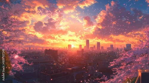 A vibrant anime school rooftop scene at sunset, with characters discussing their dreams, the skyline glowing in the background, and cherry blossoms falling.