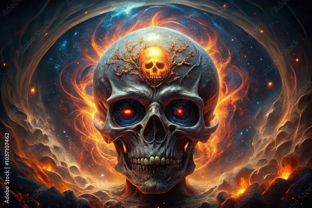Alien Demon Skull with Flames and Glowing Eyes in Surreal Science Fiction Horror Scene Alien Demon Skull with Flames and Glowing Eyes in Surreal Science Fiction Horror Scene