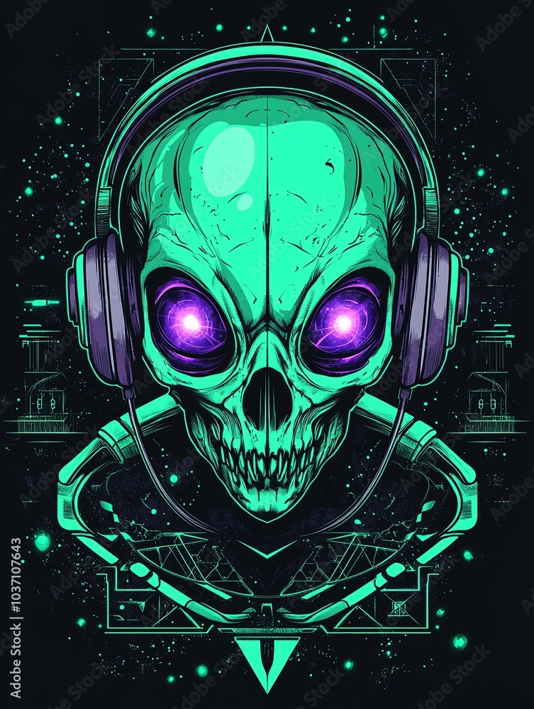 A green alien skull with glowing eyes wearing headphones and a futuristic design. A green alien skull with glowing eyes wearing headphones and a futuristic design.