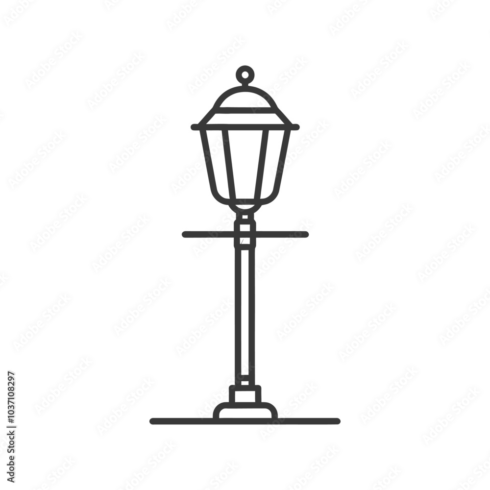 Line drawing of a classic street lamp with a round top and decorative details Line drawing of a classic street lamp with a round top and decorative details