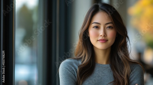 A portrait video of a successful Asian smiley woman posing for a profile shot of a bright-faced female office associate in close-up shot in the open office.