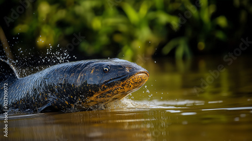 An arapaima breaking the surface of a calm river in the Amazon, with water droplets glistening off its scales. v2