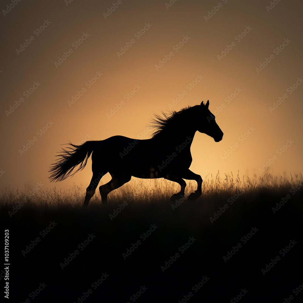 A majestic horse galloping freely in an open field as the last light of day fades A majestic horse galloping freely in an open field as the last light of day fades