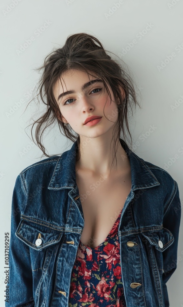 A young woman wearing a floral dress and denim jacket. A young woman wearing a floral dress and denim jacket.
