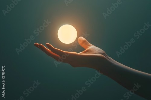 Hand Reaching Towards Glowing Orb   Symbolizing Curiosity and Doubt photo