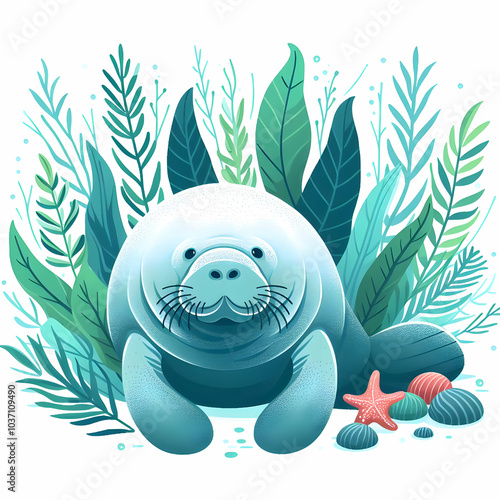 Vector illustration cute cartoon manatee and seaweed decoration