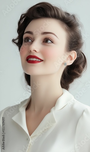 Woman with red lipstick smiling in white shirt.