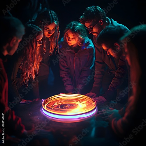 Awe Filled Discovery A Group Gathered Around a Glowing Artifact Curiosity and Doubt in Tandem photo