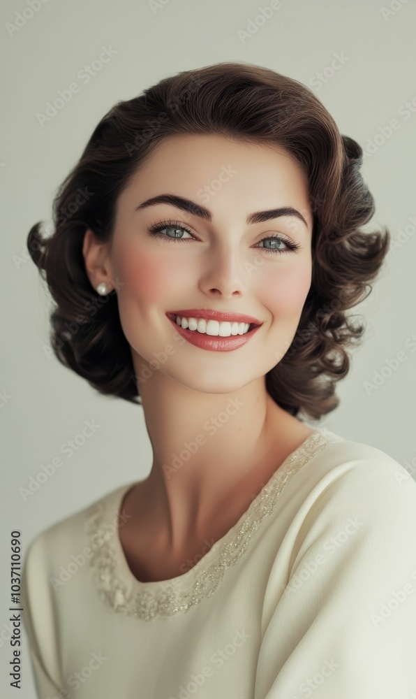 Smiling woman with white dress and curly hair. Smiling woman with white dress and curly hair.