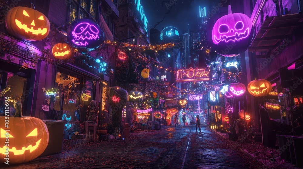 A vibrant, neon-lit street decorated for Halloween, featuring pumpkins and festive lights. A vibrant, neon-lit street decorated for Halloween, featuring pumpkins and festive lights.