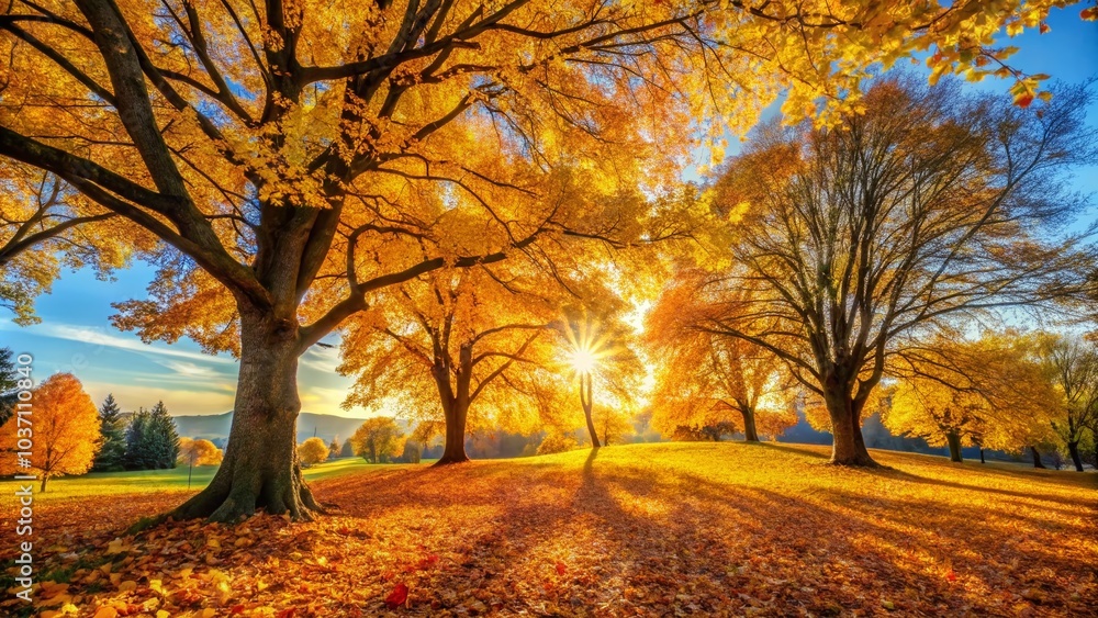 Fototapeta premium Autumn Landscape Background with Vibrant Yellow Leaves for Postcards