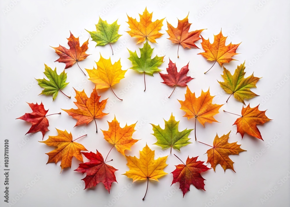 Autumn Maple Leaves Scattering in a Circular Form on White Background for Seasonal Decor and Design Autumn Maple Leaves Scattering in a Circular Form on White Background for Seasonal Decor and Design