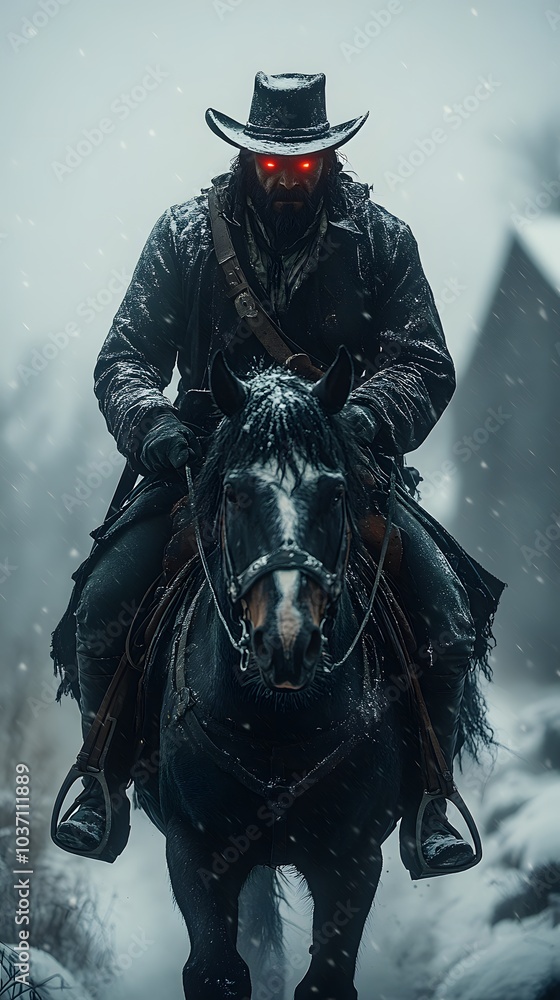 Naklejka premium Mysterious Cowboy Riding Horse in Snowy Landscape