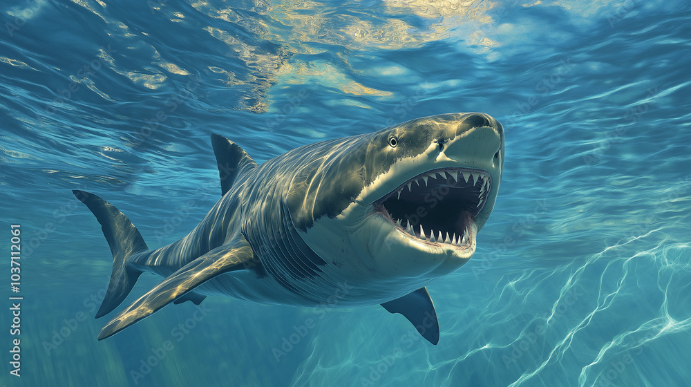 Fototapeta premium A basking shark swimming slowly near the surface of clear waters, with its gaping mouth fully visible.