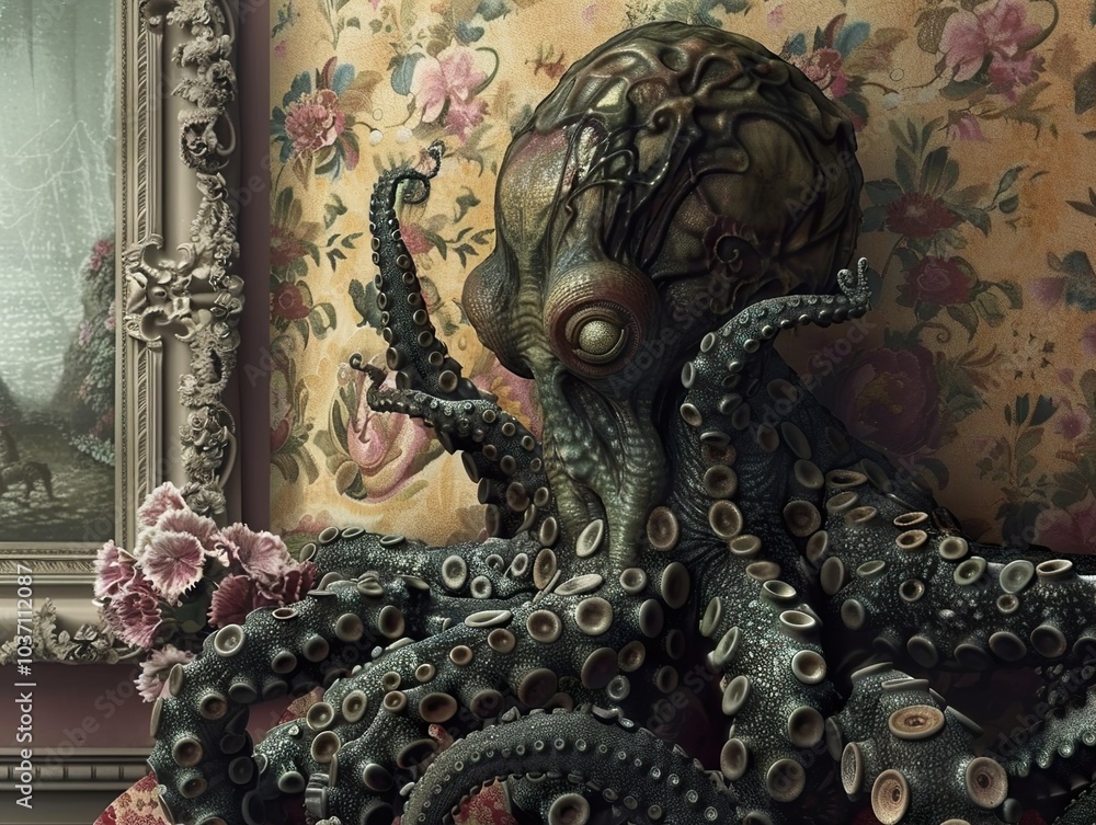 Fototapeta premium Surreal Octopus in a Vintage Setting