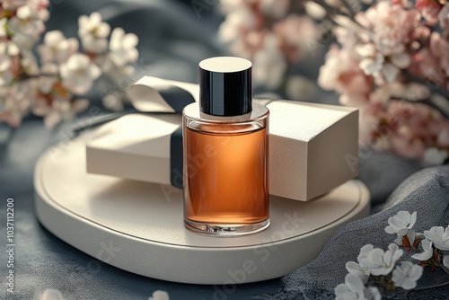 Elegant perfume bottle with floral arrangement and gift box set against a softly blurred background in natural light photo