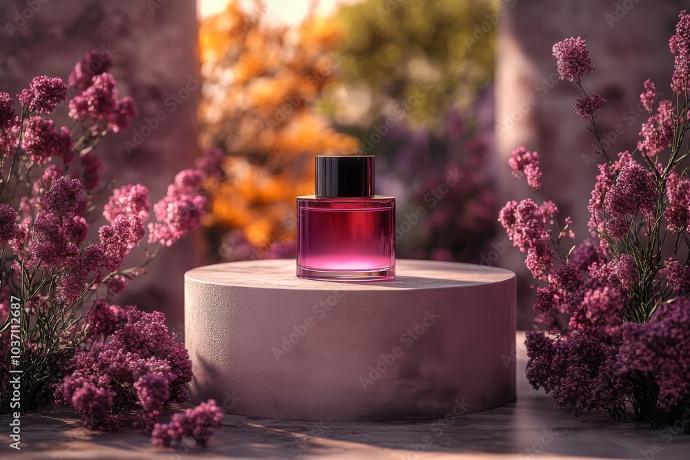 A serene floral setting highlights a vibrant perfume bottle surrounded by purple flowers in golden sunlight A serene floral setting highlights a vibrant perfume bottle surrounded by purple flowers in golden sunlight