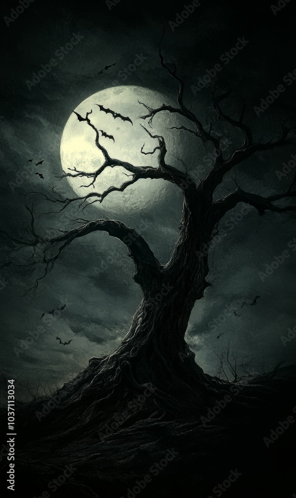 Fototapeta premium A gnarled tree stands against a full moon and a