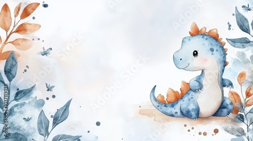 Fototapeta Naklejka Na Ścianę i Meble -  A cute, colorful watercolor illustration of a baby dinosaur surrounded by soft foliage and gentle hues.