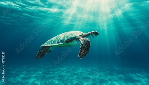 A serene underwater scene featuring a turtle swimming gracefully.