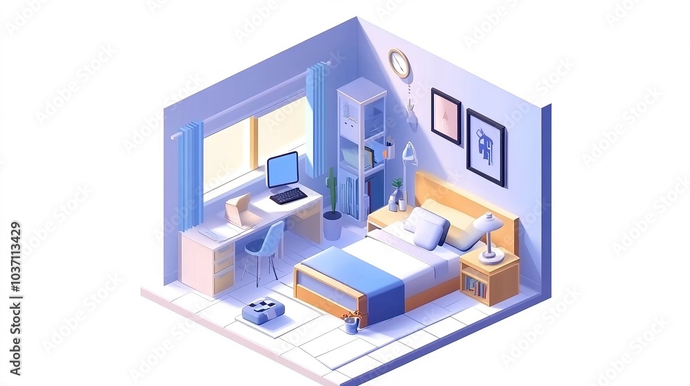 Blue Isometric Cozy Messy Room: An Engaging Illustration Featuring a Charming Yet Cluttered Space with Various Furnishings and Decor. This artwork captures the warmth and comfort Blue Isometric Cozy Messy Room: An Engaging Illustration Featuring a Charming Yet Cluttered Space with Various Furnishings and Decor. This artwork captures the warmth and comfort