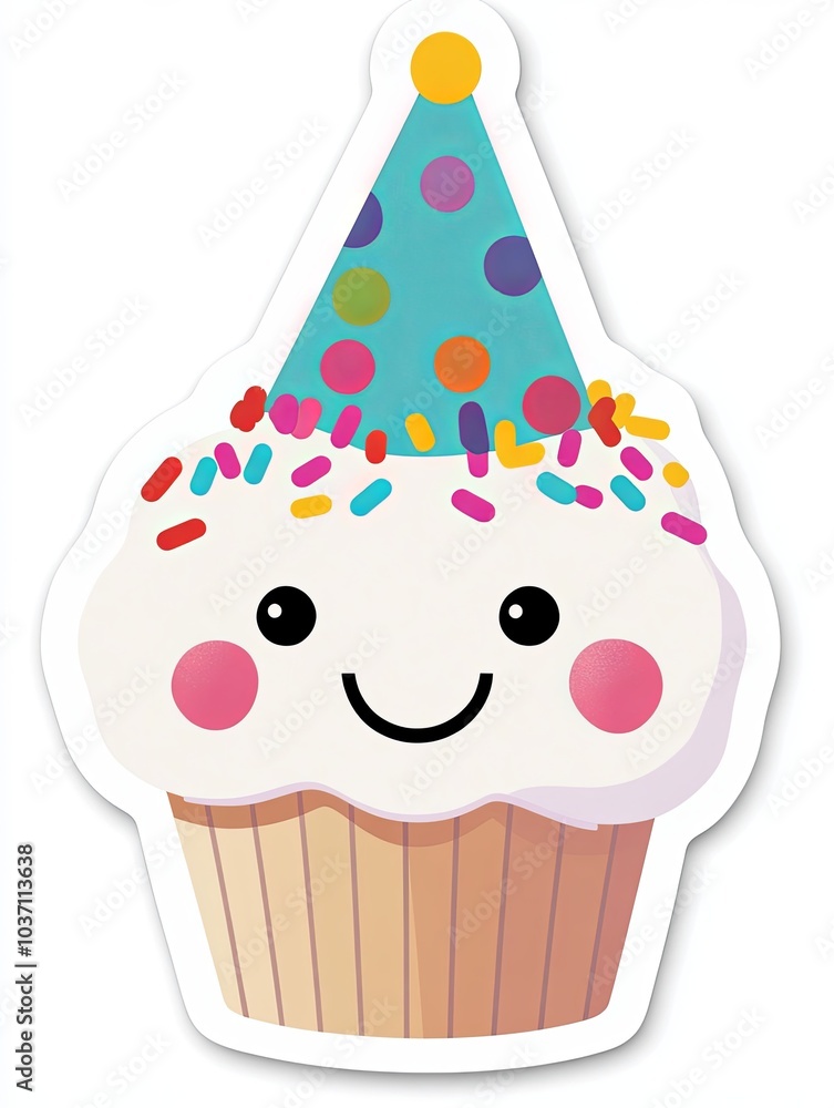 A cartoon cupcake wearing a party hat smiles. A cartoon cupcake wearing a party hat smiles.