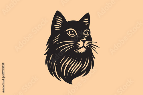 Cute fluffy black cat. Face, portrait. Vintage vector engraving illustration, emblem, logo