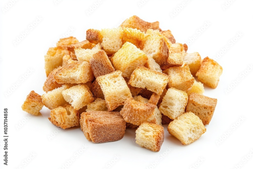 A generous pile of golden-brown croutons rests in the center of a spotless white background, showcasing their crisp texture and inviting appearance, perfect for enhancing salads or soups. A generous pile of golden-brown croutons rests in the center of a spotless white background, showcasing their crisp texture and inviting appearance, perfect for enhancing salads or soups.