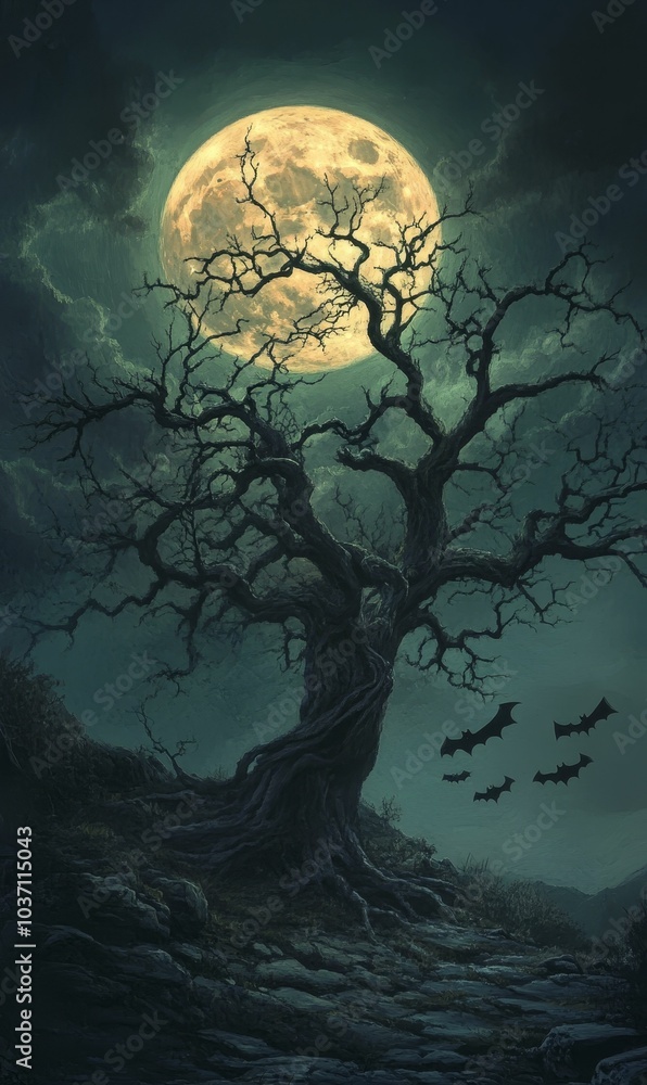A gnarled tree under a full moon with bats flying. A gnarled tree under a full moon with bats flying.