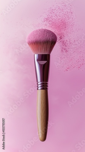 Close-up of pink makeup brush with scattered powder, set against a matching pink background for beauty and cosmetic themes.