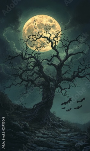 A gnarled tree under a full moon with bats flying.