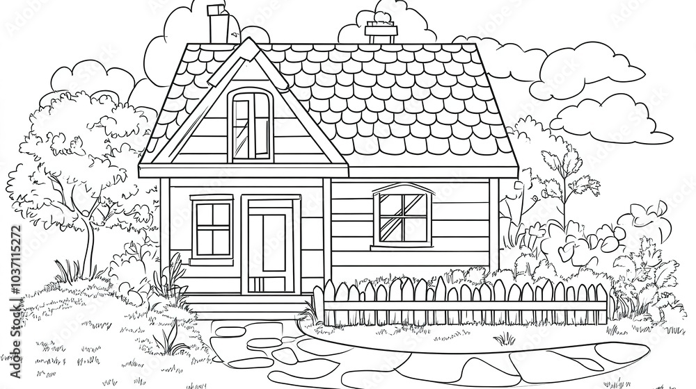 Fototapeta premium Cartoon Style House Coloring Page for Kids: A Fun and Engaging Design Featuring a Simple Black Outline on a White Background. This coloring page encourages creativity and imagination,