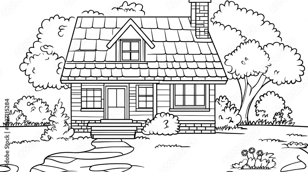Obraz premium Cartoon Style House Coloring Page for Kids: A Fun and Engaging Design Featuring a Simple Black Outline on a White Background. This coloring page encourages creativity and imagination, 