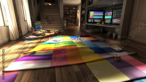 A colorful rug lies on a wooden floor in a home office with a desk and computer monitors.