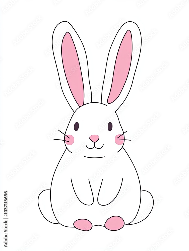 Obraz premium A cartoon white rabbit with pink ears and feet sits on a white background.