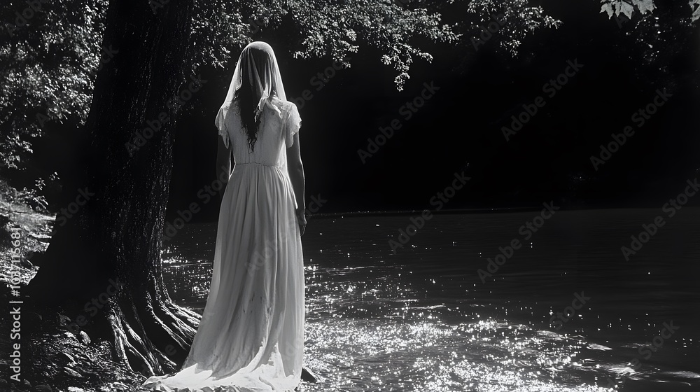 Ethereal Woman Gazing at Calm Water in Black and White Ethereal Woman Gazing at Calm Water in Black and White