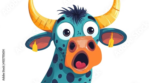 Cartoon unicon head, expressive wide eyes, surprised open mouth, spotted coat, large horns, comical facial expression, vector illustration style, vibrant colors, white background, close-up view,  photo