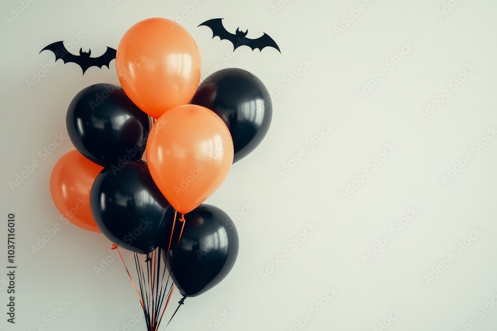 Halloween-Themed Balloons in Orange and Black with Bat Decorations Against a White Wall Background Halloween-Themed Balloons in Orange and Black with Bat Decorations Against a White Wall Background