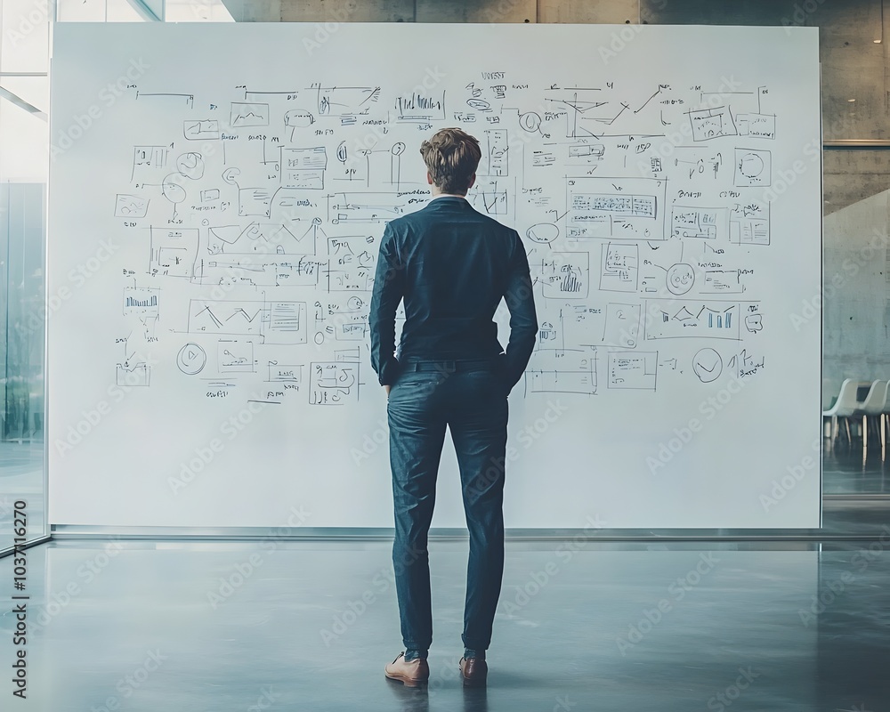 Businessman Standing Before Complex Strategic Planning Whiteboard in Office Interior Businessman Standing Before Complex Strategic Planning Whiteboard in Office Interior