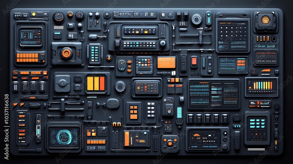 A futuristic control panel with various buttons, switches, dials, and displays. A futuristic control panel with various buttons, switches, dials, and displays.