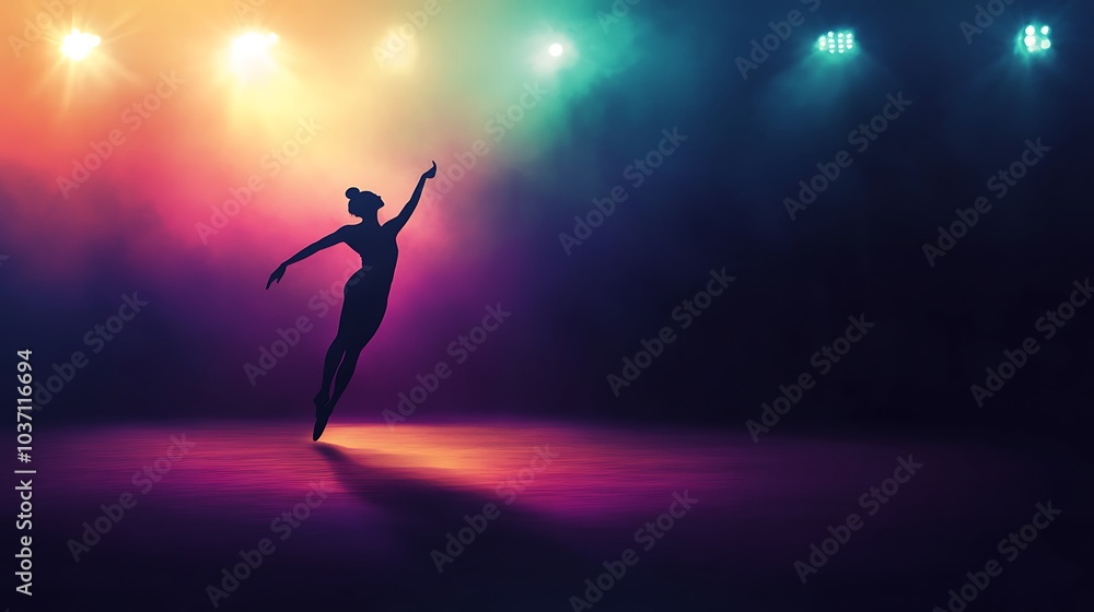 A Silhouette of a Female Dancer Leaping Under a Spotlight A Silhouette of a Female Dancer Leaping Under a Spotlight