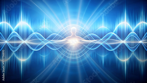 Ethereal figure surrounded by flowing energy waves in a calming blue environment
