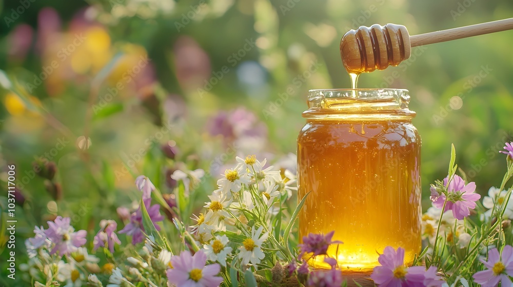 Rustic Glass Jar of Golden Honey with Wooden Dipper Amidst Blooming Wildflowers Symbolizing Natural Sweetness and Purity Rustic Glass Jar of Golden Honey with Wooden Dipper Amidst Blooming Wildflowers Symbolizing Natural Sweetness and Purity