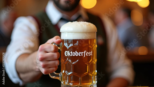 An enormous foaming beer cup labelled 'Oktoberfest,' held by a man dressed in traditional Bavarian clothing, evokes the joyous atmosphere and cultural diversity of the well-known German beer celebrati photo