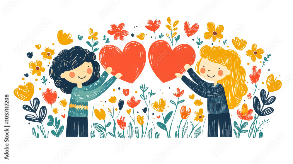 Fototapeta premium Cute Heart Illustration with Romantic Flowers