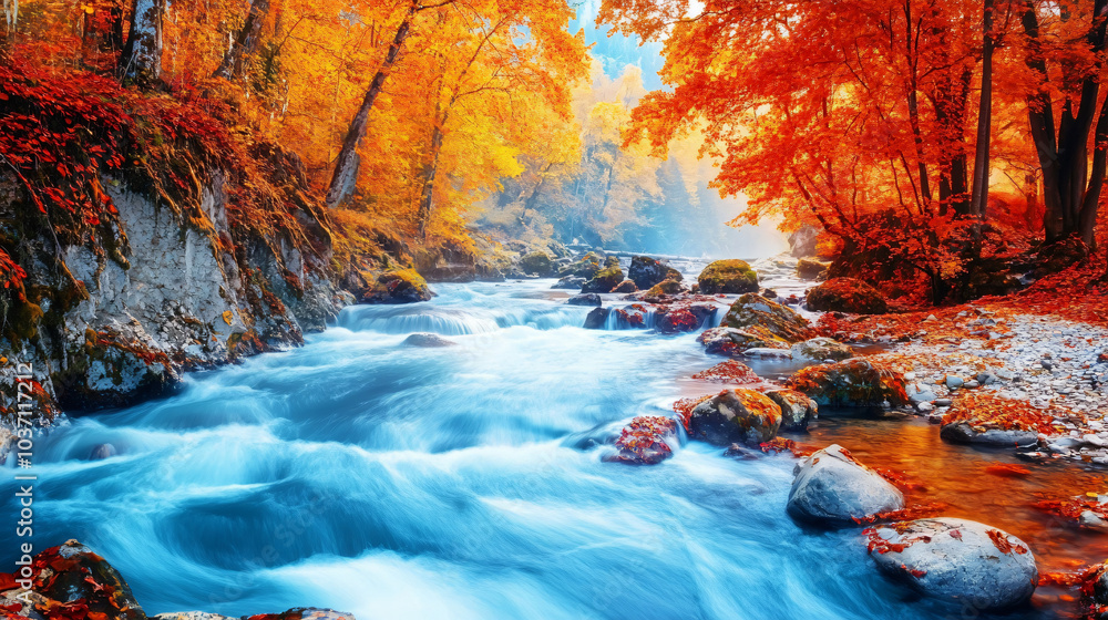 A serene river flowing through a vibrant autumn landscape with colorful foliage. A serene river flowing through a vibrant autumn landscape with colorful foliage.