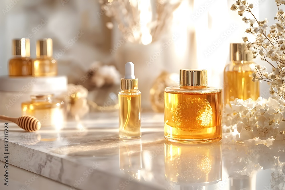 Luxurious Honey Infused Skincare Collection Displayed on Marble Countertop with Golden Highlights Luxurious Honey Infused Skincare Collection Displayed on Marble Countertop with Golden Highlights