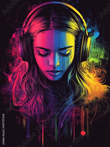 A colorful illustration of a woman wearing headphones, listening to music, with a colorful abstract background.